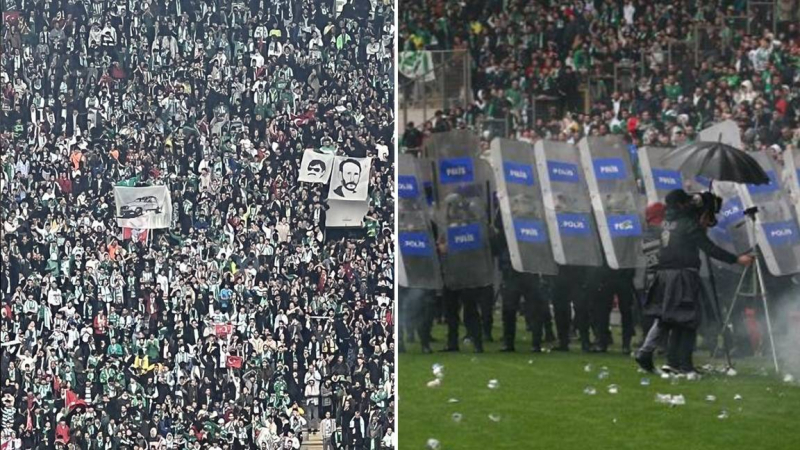 Amedspor maçında, Bursaspor tribünleri 'Beyaz Toros' ve 'Yeşil' posteri açtı