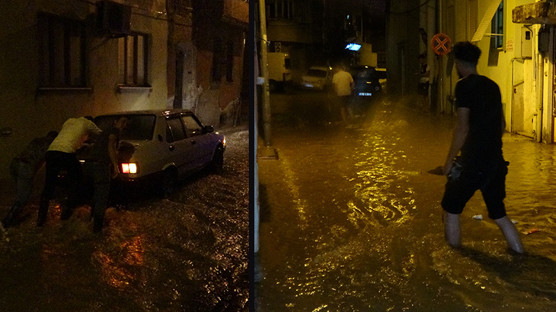 Edremit'te şiddetli yağış; yollar göle döndü, iş yerlerini su bastı