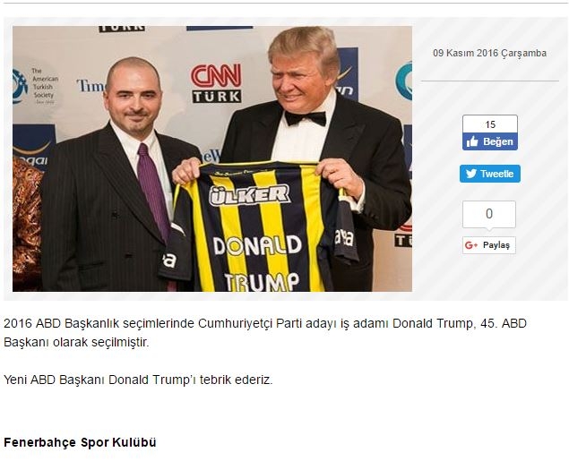 Fenerbahçe, Trump'ı  tebrik etti