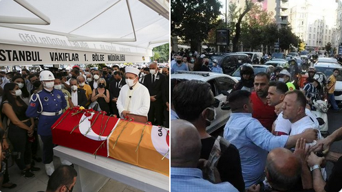 Ferhan Şensoy'un cenazesinde gerginlik: Tabuttaki bayrağı gören holiganlar slogan attı