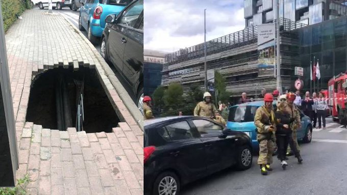 İstanbul'da bir kadın yolda yürürken çöken kaldırımın içine düştü