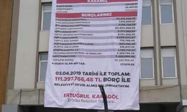 MHP'li Başkan, AKP'li başkandan kalan borçları belediye binasına astırdı