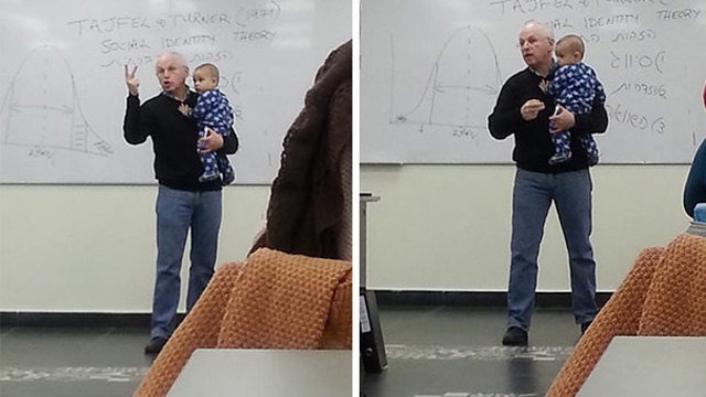 Öğrencisinin ağlayan bebeğini kucaklayıp ders anlattı!