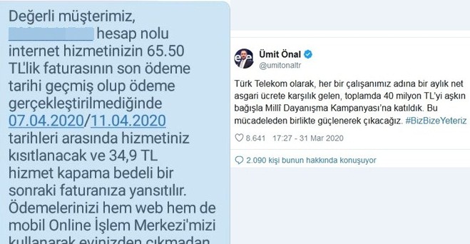 Türk Telekom'dan karantinadakilere 'Ödeme yapmazsınız internetiniz kesilir' mesajı