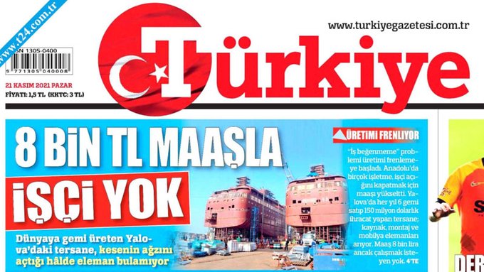 Türkiye gazetesi manşeti: 8 bin TL maaşla çalışacak işçi yok