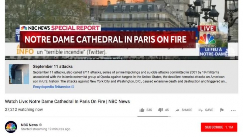 YouTube'un haber teyit uygulaması Notre Dame yangınıyla 11 Eylül saldırılarını birbirine karıştırdı