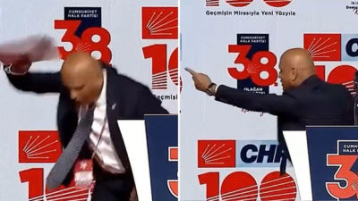 CHP'li Abdullah Şahin, mikrofonu kapatılınca sahnede zıplayarak elindeki kağıtları yere attı